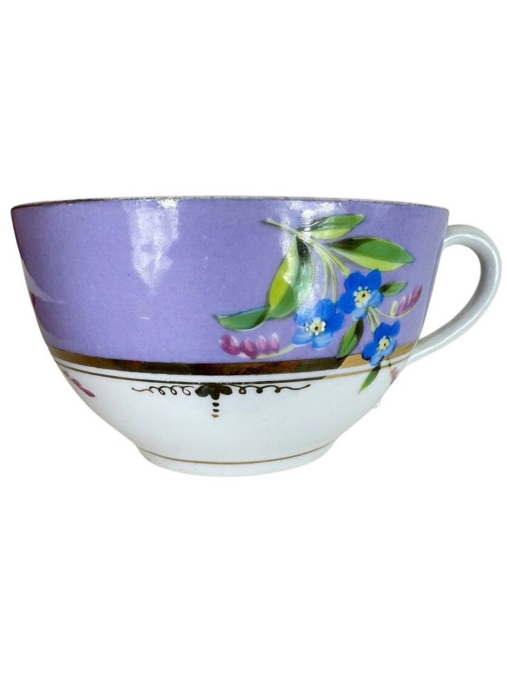 Vintage Hand Painted Floral Purple Mustache Saver Handled Tea Cup Gold Trim